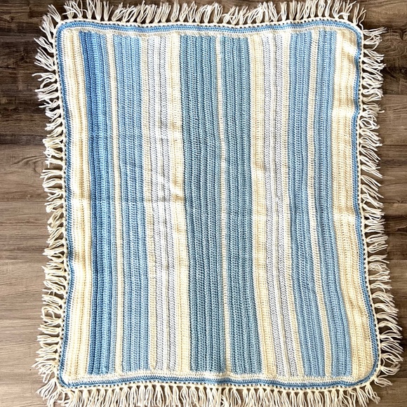 Handmade Vintage Crochet Nursery Crib Baby Blanket Blue Cream Striped Lines 80s - Picture 1 of 5
